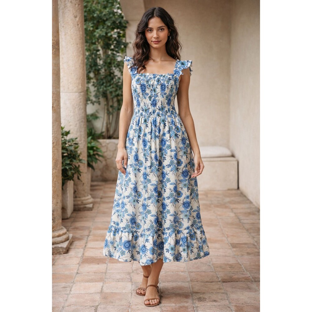 Haute Hippie Floral Smocked Midi Dress Blue Flutter Sleeve Cotton Cottagecore 12